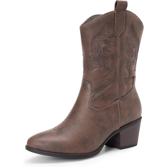 Cowboy Boots for Women Mid Calf Cowgirl Boots Embroidery Round Toe Western Style - Picture 1 of 7